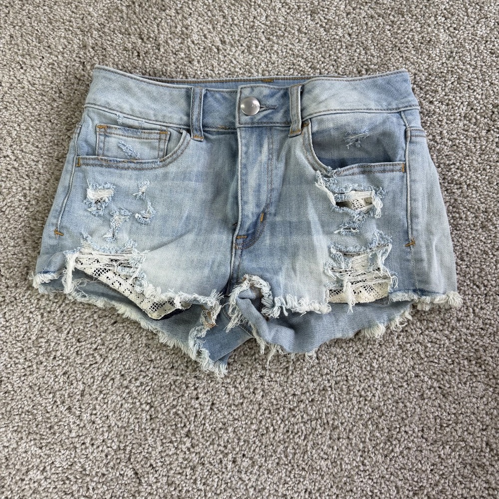 American Eagle Denim Cutoff Shorts Womens 2 Blue Distressed Lace Summer Casual